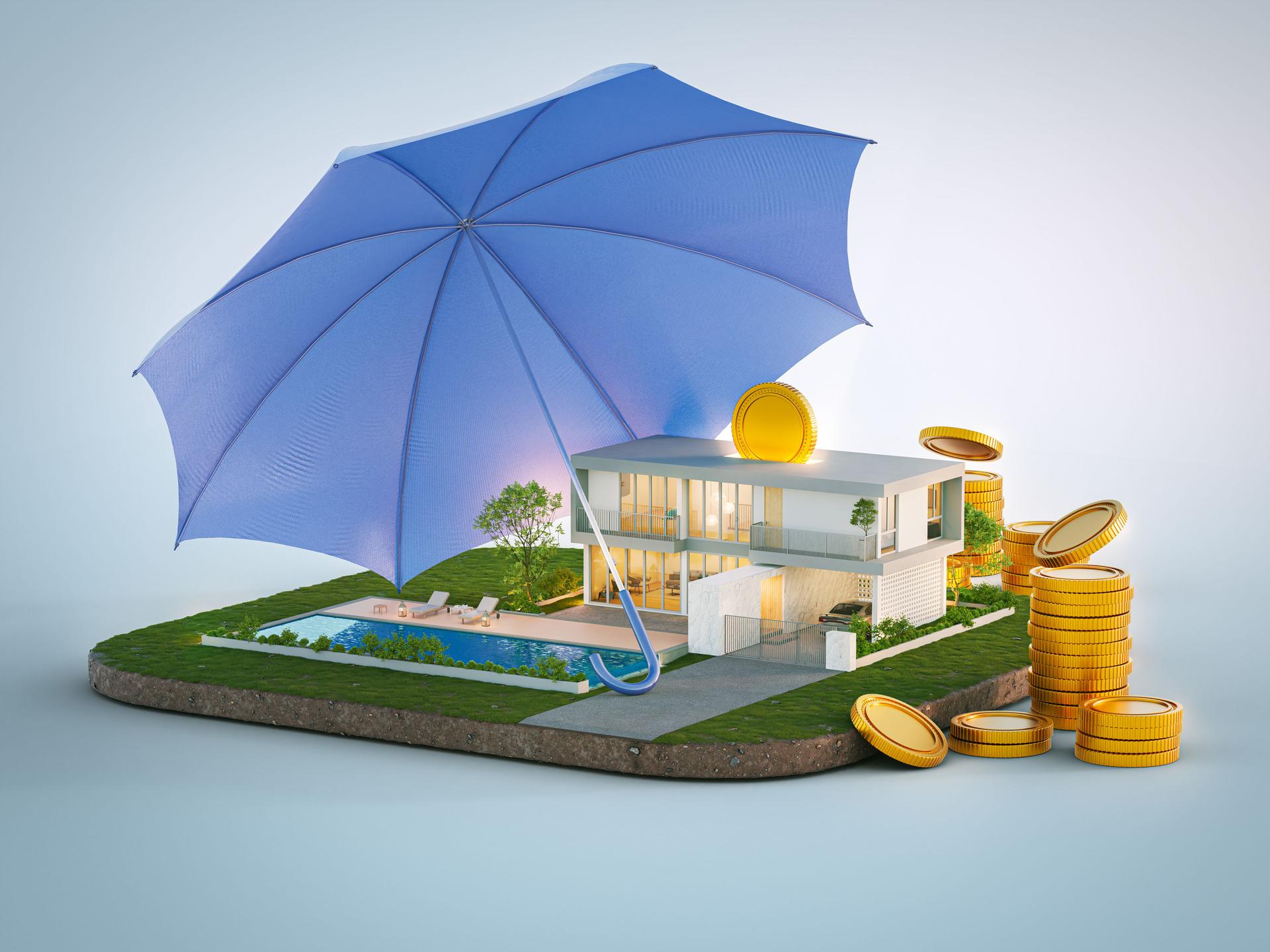 Luxury house with swimming pool isolated on empty white background in real estate sale or property investment concept.